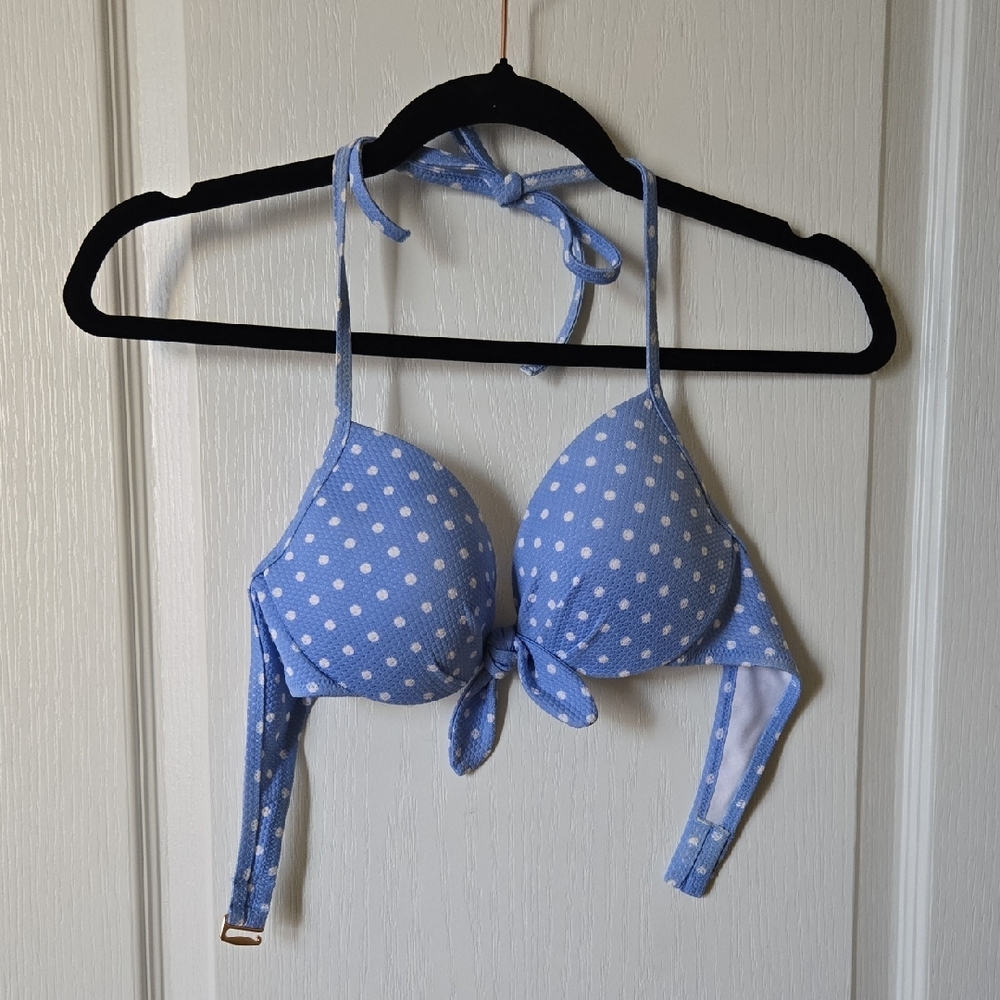 Light Blue Polka Dot Tie-Front Halter Bikini Top